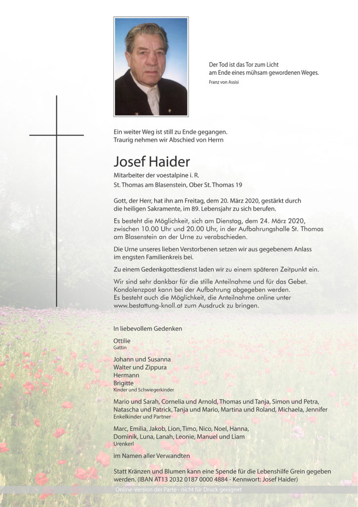 Trauerparte GR aD Josef Haider