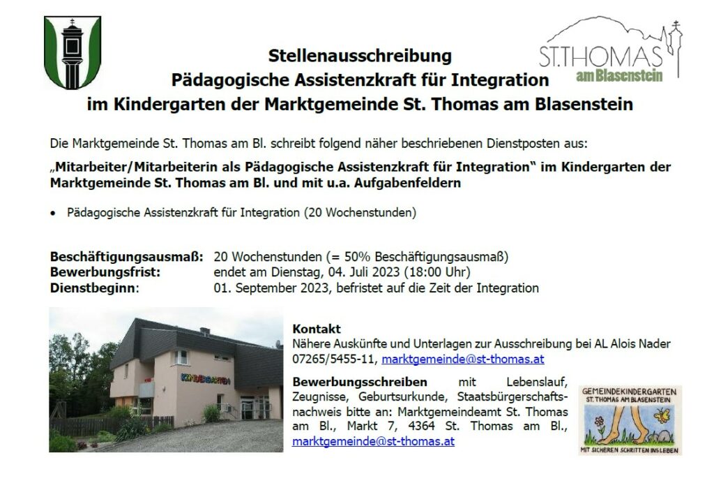 Stellenausschreibung Pädagogische Assistenzkraft für Integration im Kindergarten der Marktgemeinde St. Thomas am Bl.